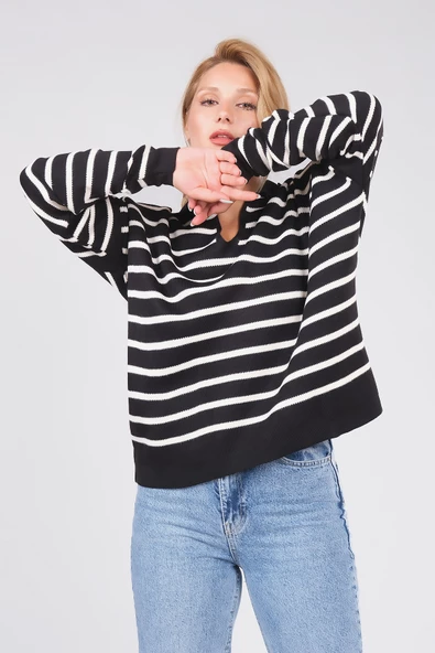 Kadın Polo Yaka İnce Çizgili Triko Kazak Siyah - 2