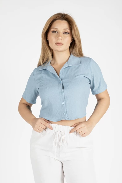 Kadın Kısa Kol Crop Gömlek Mavi