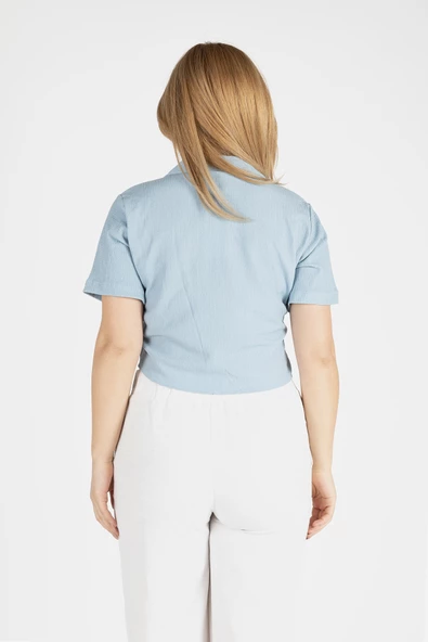 Kadın Kısa Kol Crop Gömlek Mavi - 5