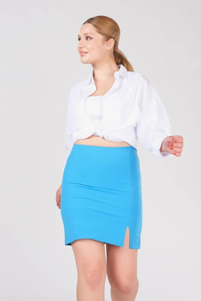 Kadın Astarlı Yan Yırtmaçlı Etek Mavi - 2