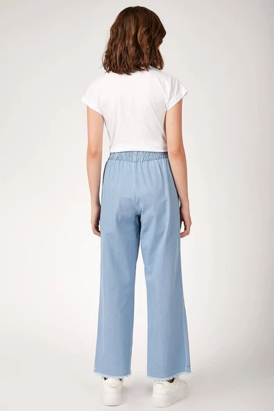 Kadın Bol Paça Kemerli Kot Pantolon Açık Mavi - 3