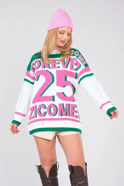 Kadın Forever Yazılı Oversize Triko Kazak Yeşil