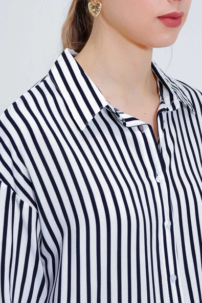 Kadın Çizgili Oversize Gömlek Siyah - 4