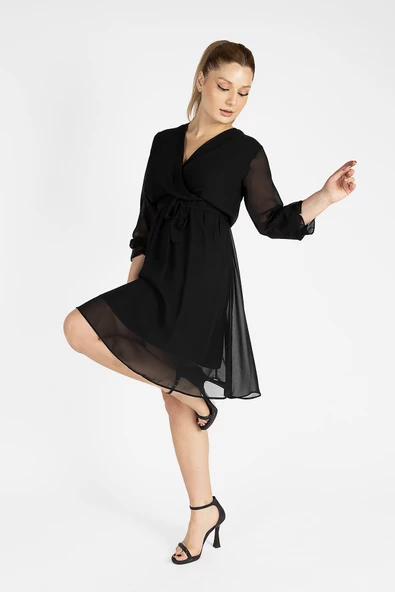 Kadın Kruvaze Şifon Elbise Siyah - 3
