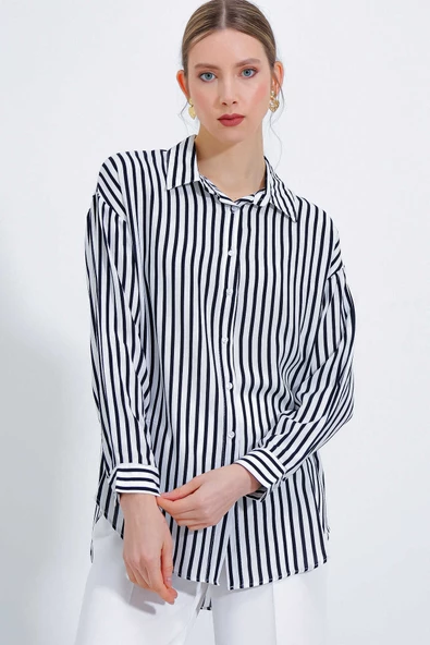 Kadın Çizgili Oversize Gömlek Siyah - 2