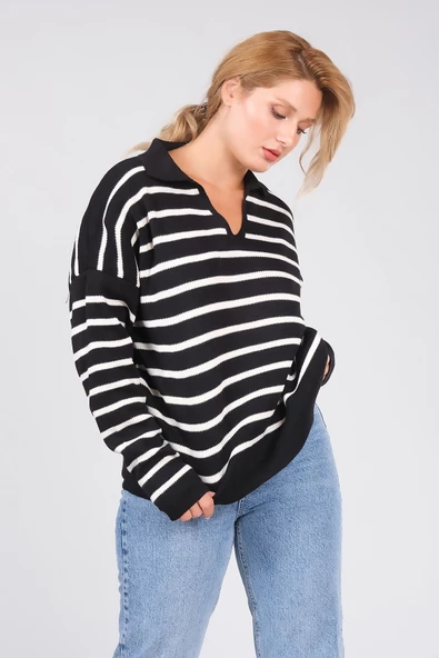 Kadın Polo Yaka İnce Çizgili Triko Kazak Siyah - 3