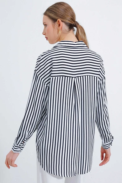 Kadın Çizgili Oversize Gömlek Siyah - 5