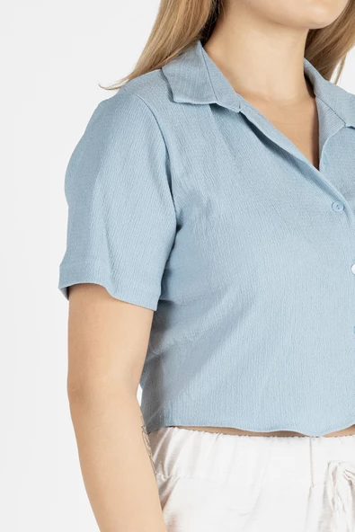Kadın Kısa Kol Crop Gömlek Mavi - 6