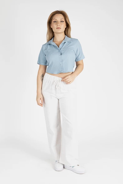 Kadın Kısa Kol Crop Gömlek Mavi - 3