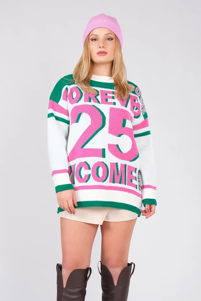 Kadın Forever Yazılı Oversize Triko Kazak Yeşil - 2