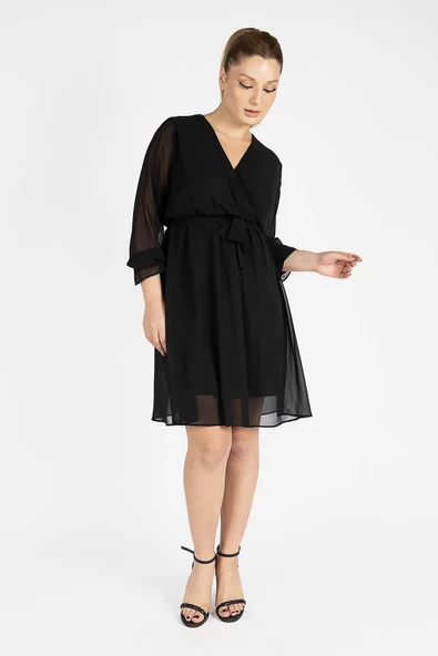 Kadın Kruvaze Şifon Elbise Siyah - 5