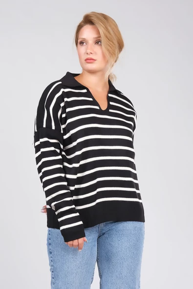 Kadın Polo Yaka İnce Çizgili Triko Kazak Siyah - 4