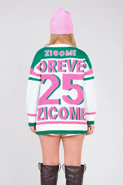 Kadın Forever Yazılı Oversize Triko Kazak Yeşil - 5