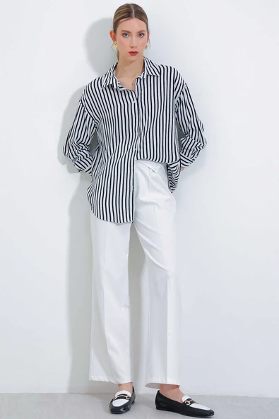 Kadın Çizgili Oversize Gömlek Siyah - 3