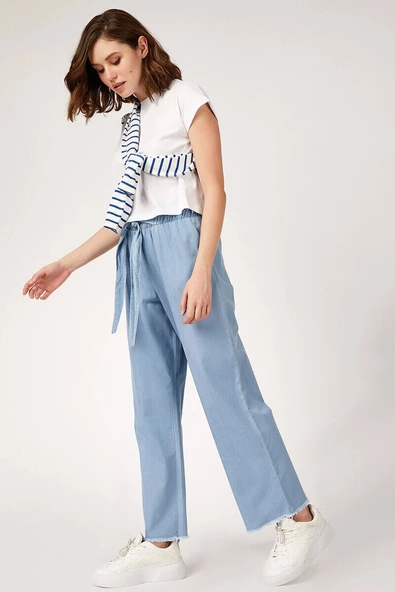 Kadın Bol Paça Kemerli Kot Pantolon Açık Mavi - 2