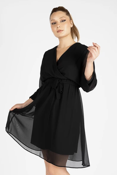 Kadın Kruvaze Şifon Elbise Siyah