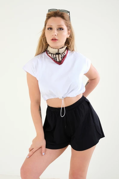 Kadın Bel Lastikli Crop T-Shirt Beyaz