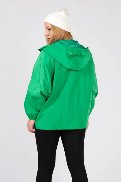 Kadın Paraşüt Kumaş Kapüşonlu Yağmuluk Yeşil - Resim 6