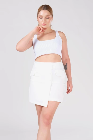 Kadın Cep Detaylı Etek Ekru - 4