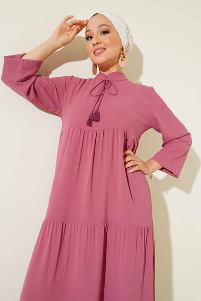 Kadın Yaka Bağcıklı Tesettür Elbise Gül - 4