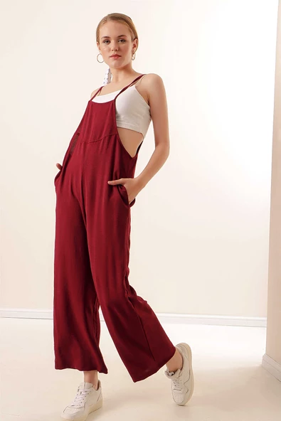 Kadın Askılı Tulum Bordo - 4