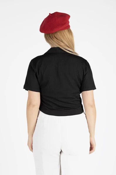 Kadın Kısa Kol Crop Gömlek Siyah - 5