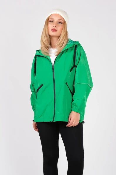 Kadın Paraşüt Kumaş Kapüşonlu Yağmuluk Yeşil - Resim 3