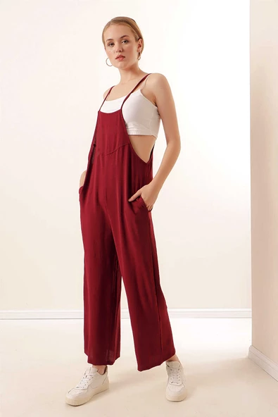 Kadın Askılı Tulum Bordo