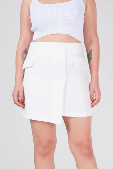 Kadın Cep Detaylı Etek Ekru - 5