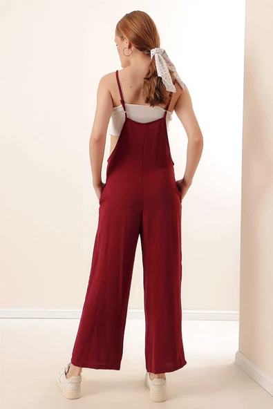 Kadın Askılı Tulum Bordo - 6