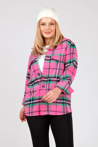 Kadın Çift Cep Kareli Oduncu Gömlek Fuşya - 5