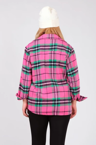 Kadın Çift Cep Kareli Oduncu Gömlek Fuşya - 6