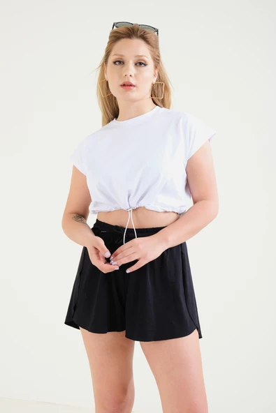 Kadın Bel Lastikli Crop T-Shirt Beyaz - 6