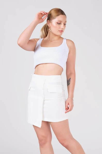 Kadın Cep Detaylı Etek Ekru - 2