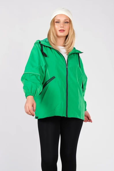 Kadın Paraşüt Kumaş Kapüşonlu Yağmuluk Yeşil - Resim 4