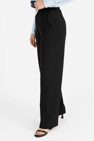 Kadın Bel Cırtcırtlı Bol Pantolon Siyah - 5