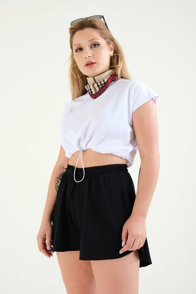 Kadın Bel Lastikli Crop T-Shirt Beyaz - 3