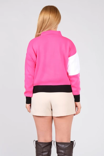 Kadın Polo Yaka Çift Renk Oversize Kazak Fuşya - 6