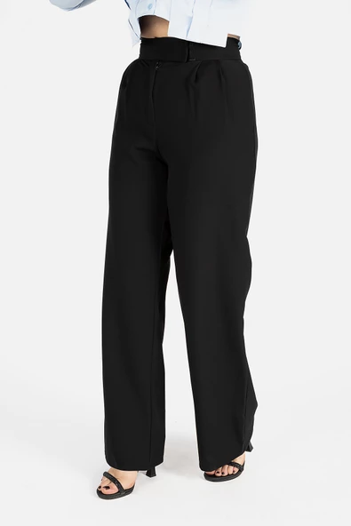 Kadın Bel Cırtcırtlı Bol Pantolon Siyah - 2