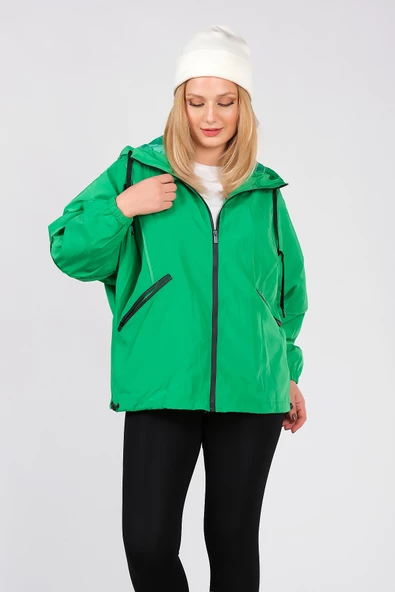 Kadın Paraşüt Kumaş Kapüşonlu Yağmuluk Yeşil - Resim 5