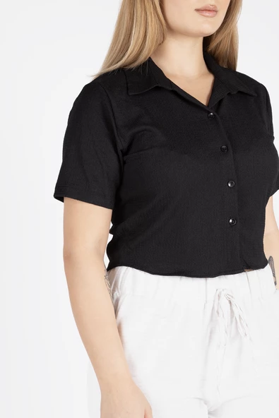 Kadın Kısa Kol Crop Gömlek Siyah - 6