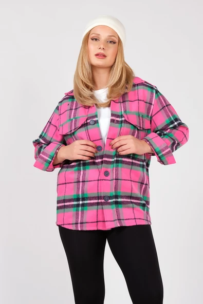 Kadın Çift Cep Kareli Oduncu Gömlek Fuşya - 4