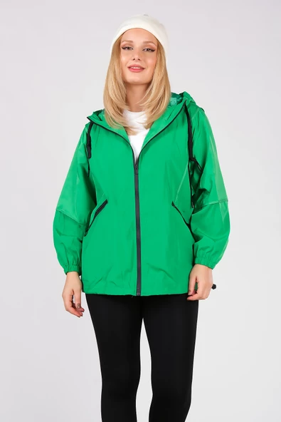 Kadın Paraşüt Kumaş Kapüşonlu Yağmuluk Yeşil - Resim 2