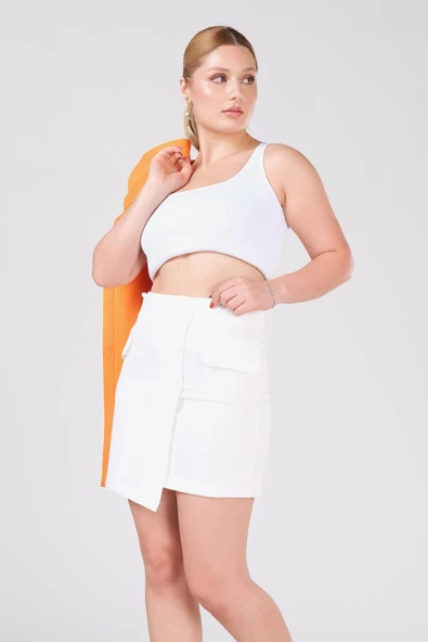 Kadın Cep Detaylı Etek Ekru