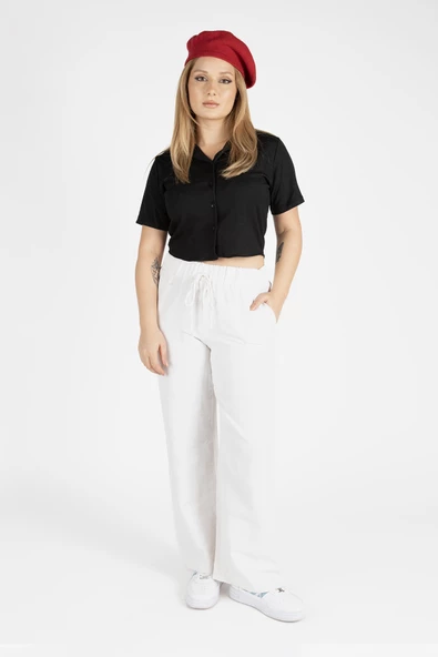 Kadın Kısa Kol Crop Gömlek Siyah - 2