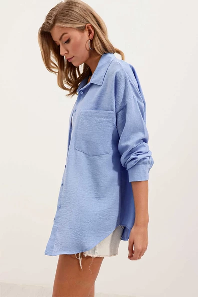 Kadın Tek Cepli Oversize Gömlek Mavi - 2