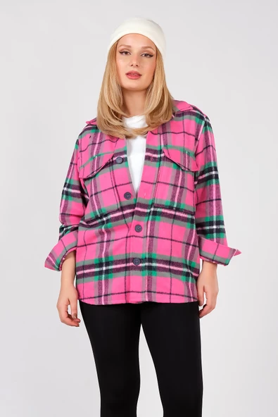 Kadın Çift Cep Kareli Oduncu Gömlek Fuşya - 2