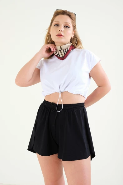 Kadın Bel Lastikli Crop T-Shirt Beyaz - 4