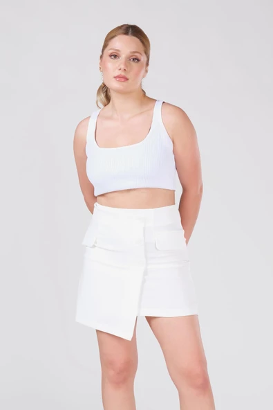 Kadın Cep Detaylı Etek Ekru - 3