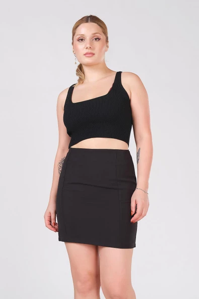 Kadın Astarlı Duz Mini Etek Siyah - 4